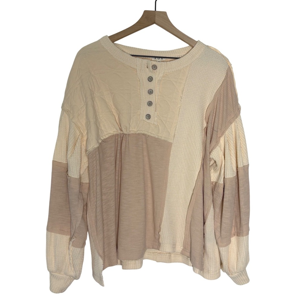POL Henley Top Cream Beige Patchwork Waffle Knit Quilted Boutique Boho Medium